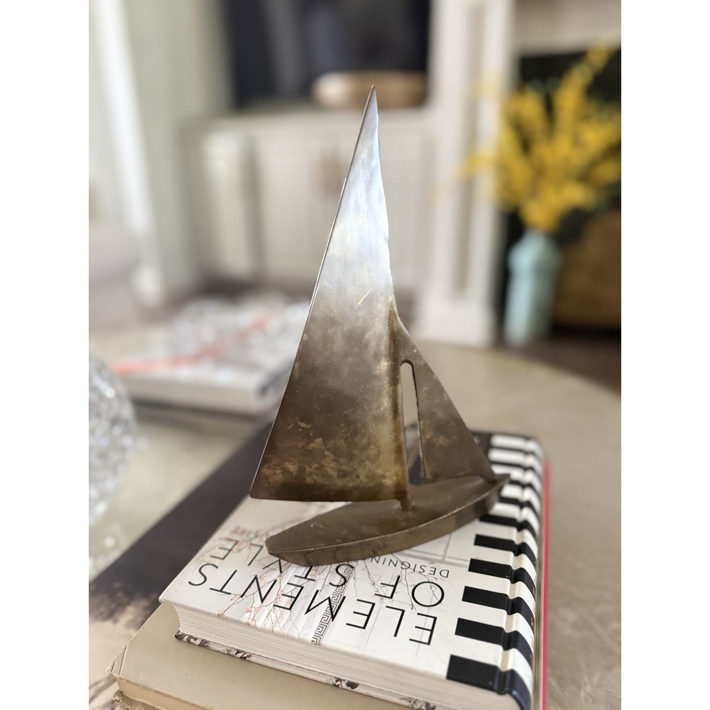 Vintage MCM Brass Sailboat Nautical Boat Coastal Beach Lake Cabincore Decor 10"